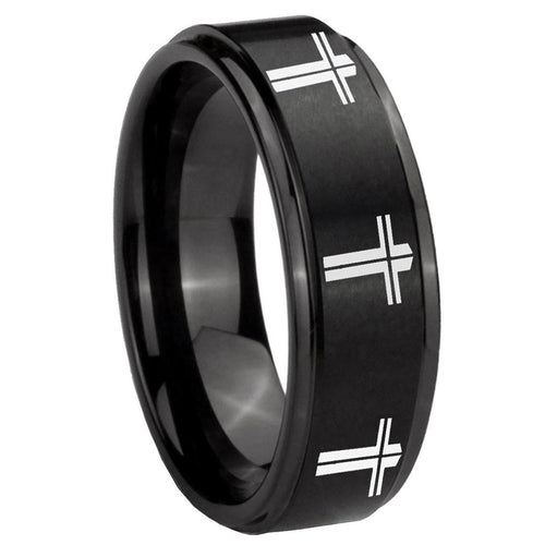 10mm Multiple Christian Cross Step Edges Brush Black Tungsten Men's Band Ring