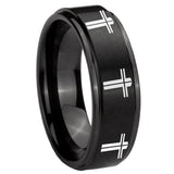 8mm Multiple Christian Cross Step Edges Brush Black Tungsten Men's Band Ring