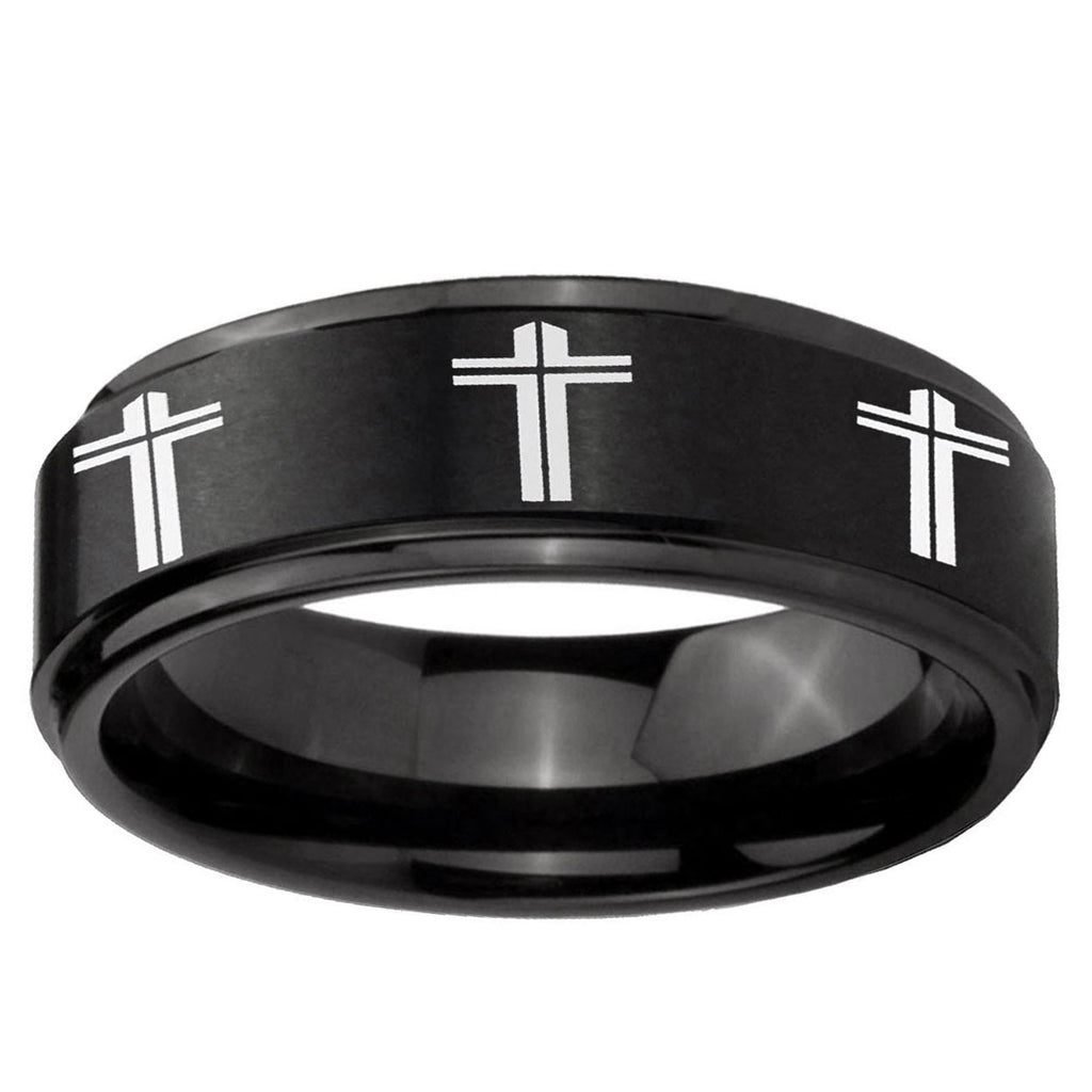 10mm Multiple Christian Cross Step Edge Brush Black Tungsten Ring