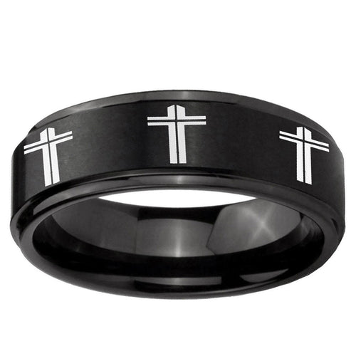 10mm Multiple Christian Cross Step Edge Brush Black Tungsten Ring