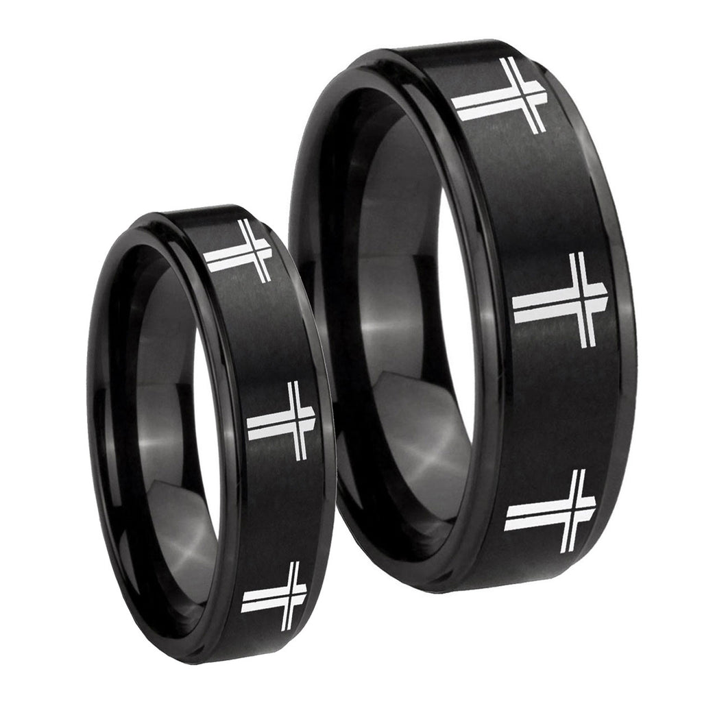 Multiple Christian Cross Step Edges Brush Black Tungsten His Hers Set Rings