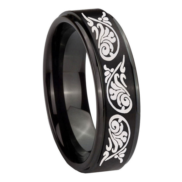 8mm-Etched-Tribal-Pattern-Step-Edges-Brush-Black-Tungsten-Mens-Ring-Personalized