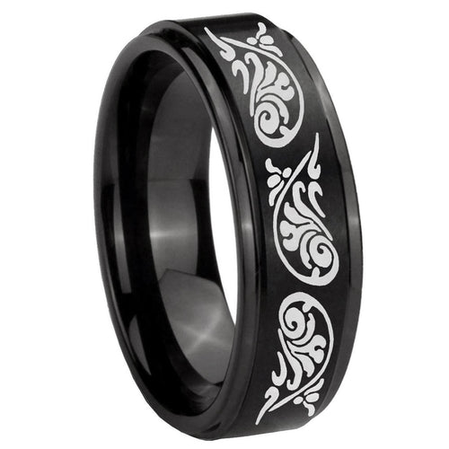 10mm Etched Tribal Pattern Step Edges Brush Black Tungsten Wedding Band Mens