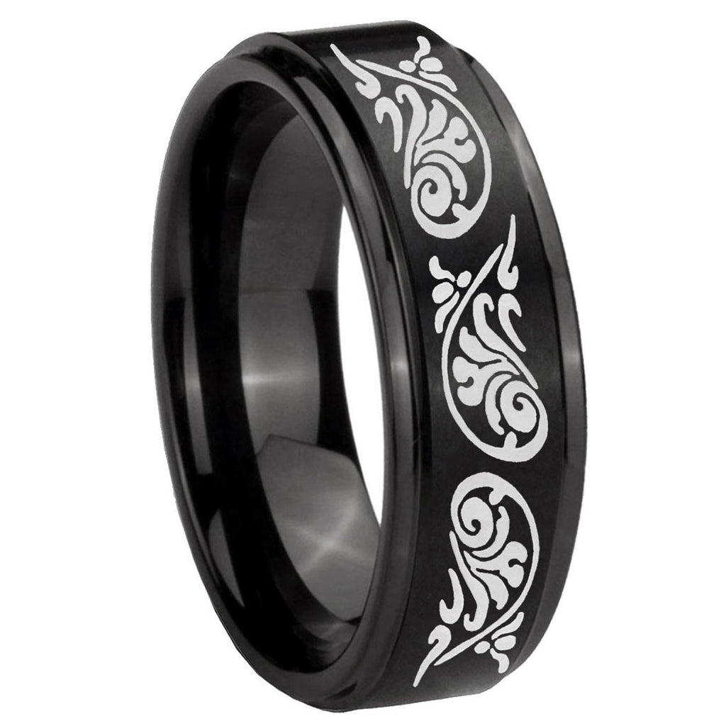8mm Etched Tribal Pattern Step Edge Black Tungsten Ring