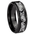 8mm Etched Tribal Pattern Step Edge Black Tungsten Ring