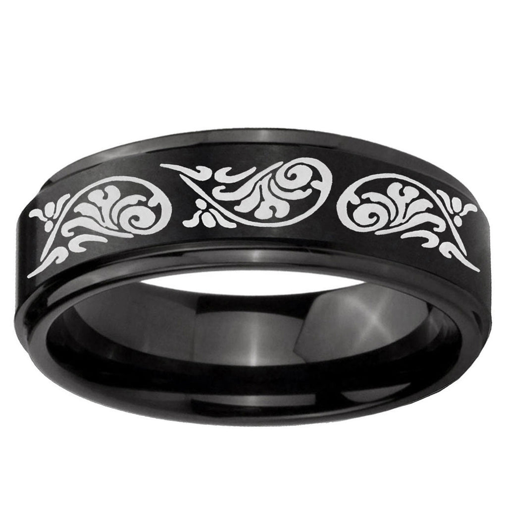 5mm Etched Tribal Pattern Step Edge Black Tungsten Ring