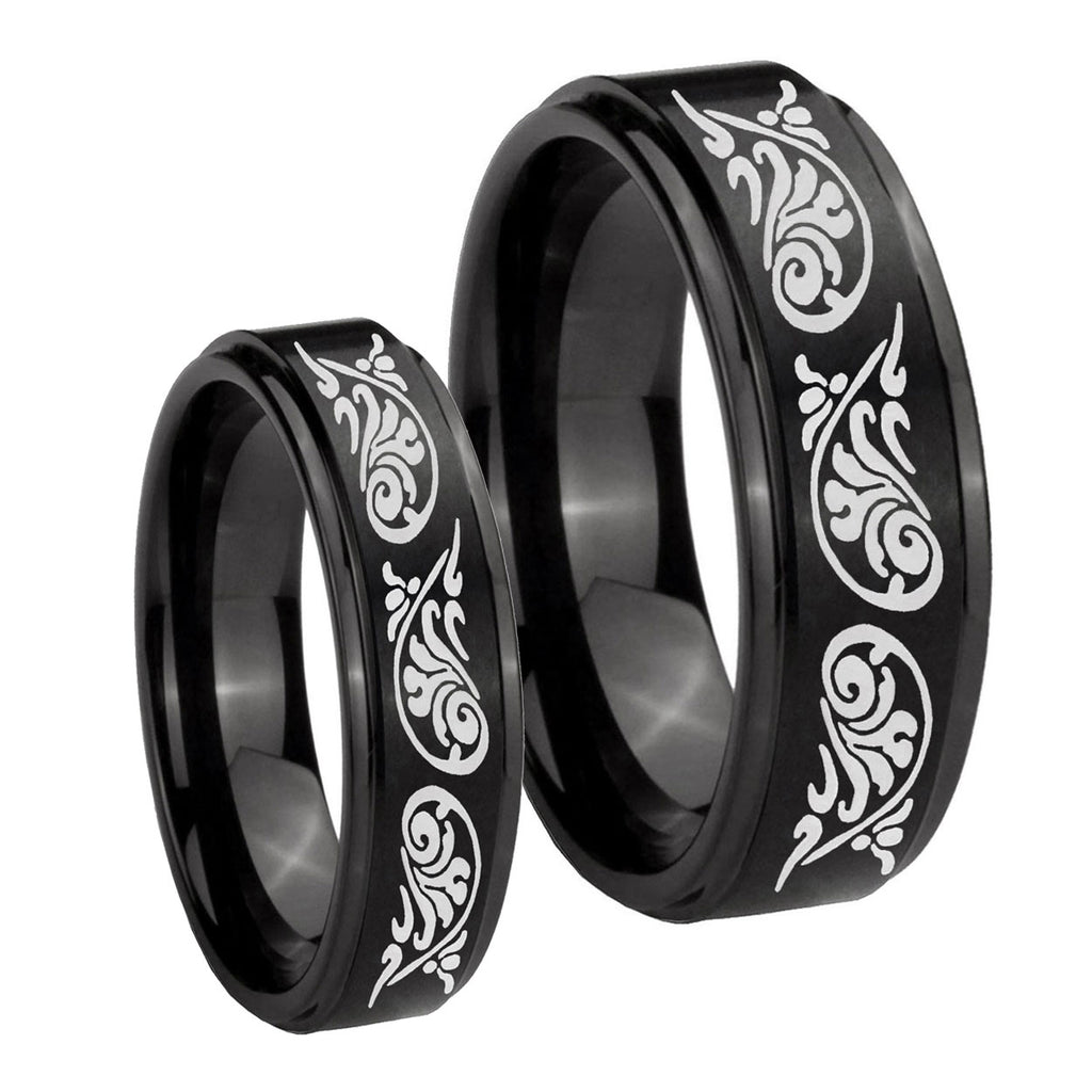 Etched Tribal Pattern Step Edges Brush Black Tungsten Bridal Ring Sets