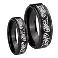 Etched Tribal Pattern Step Edges Brush Black Tungsten Bridal Ring Sets