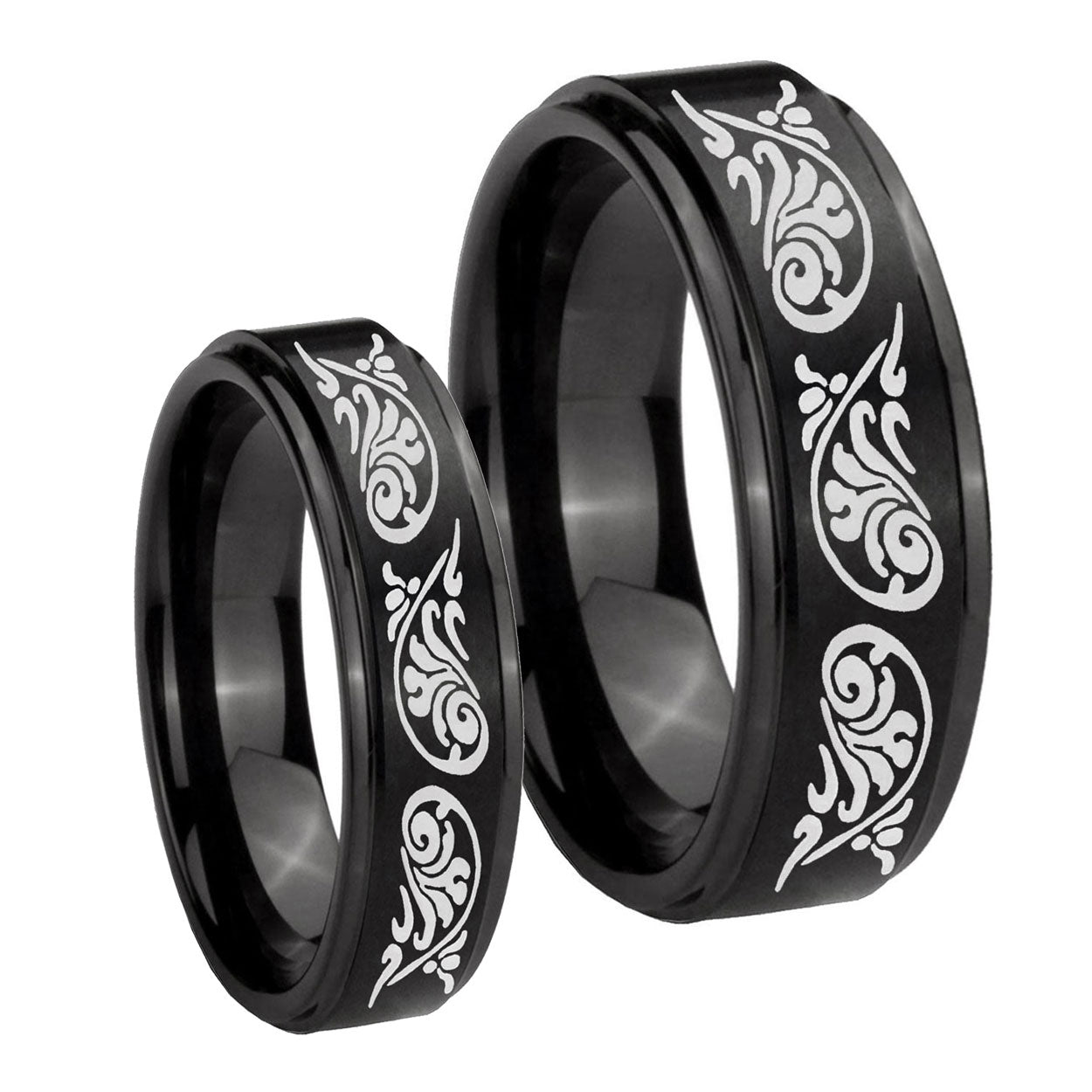 Etched Tribal Pattern Step Edges Brush Black Tungsten Bridal Ring Sets