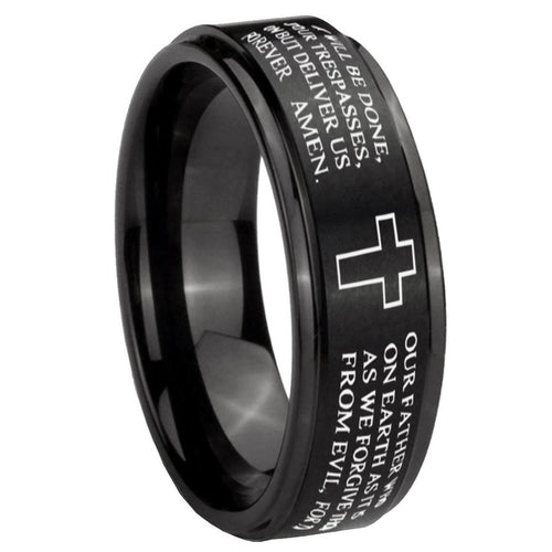 10mm Etched Lord's Prayer Cross Step Edges Brush Black Tungsten Men's Promise Rings