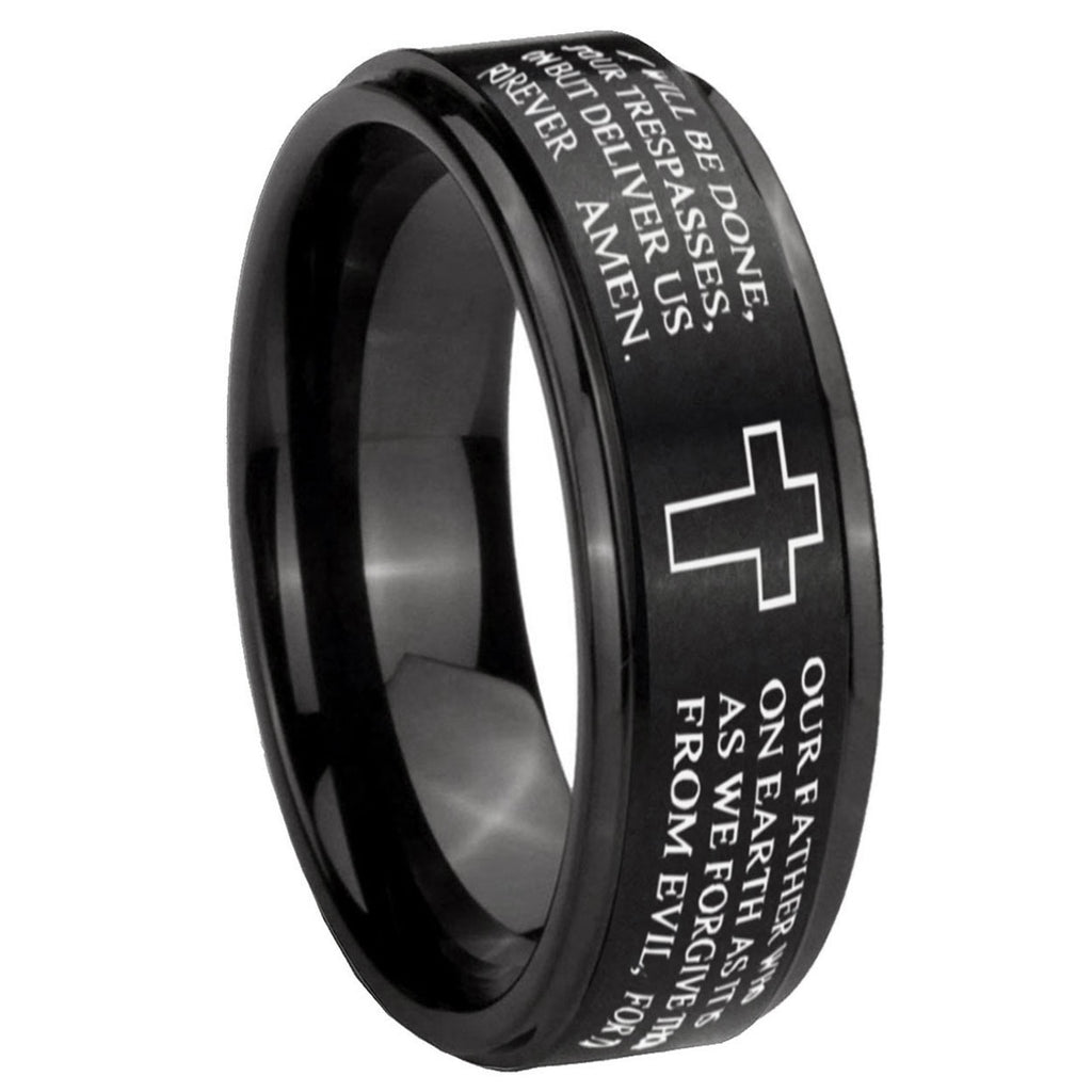 8mm Bible Lord's Prayer Cross Step Edge Black Tungsten Band