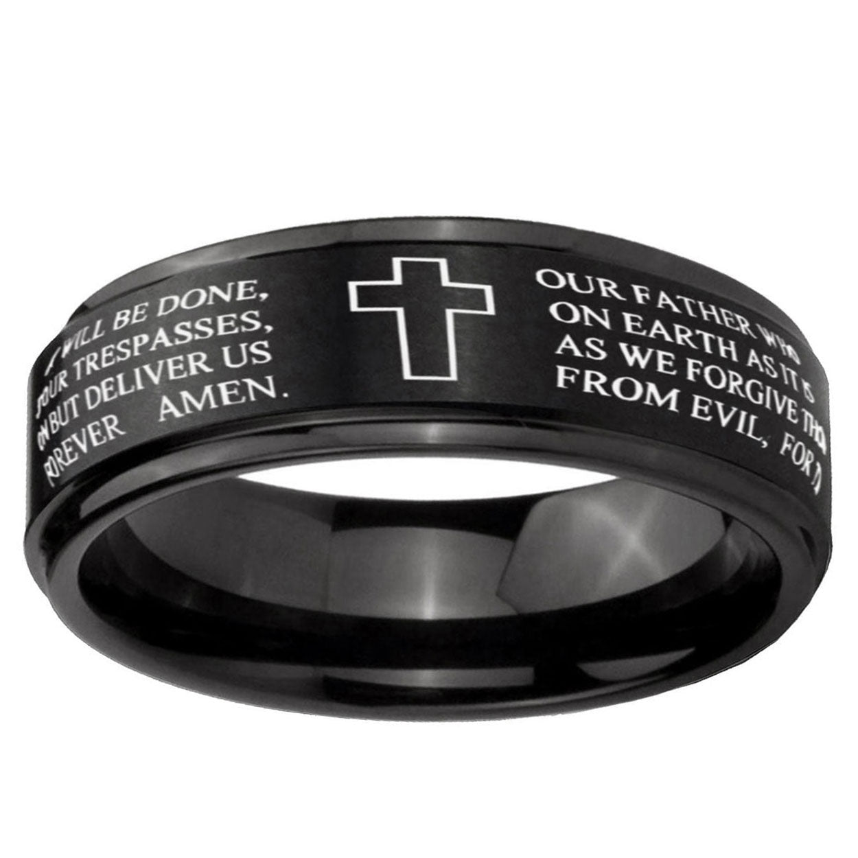 10mm Etched Lord's Prayer Cross Step Edge Brush Black Tungsten Men's Promise Rings