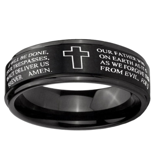 10mm Etched Lord's Prayer Cross Step Edge Brush Black Tungsten Men's Promise Rings