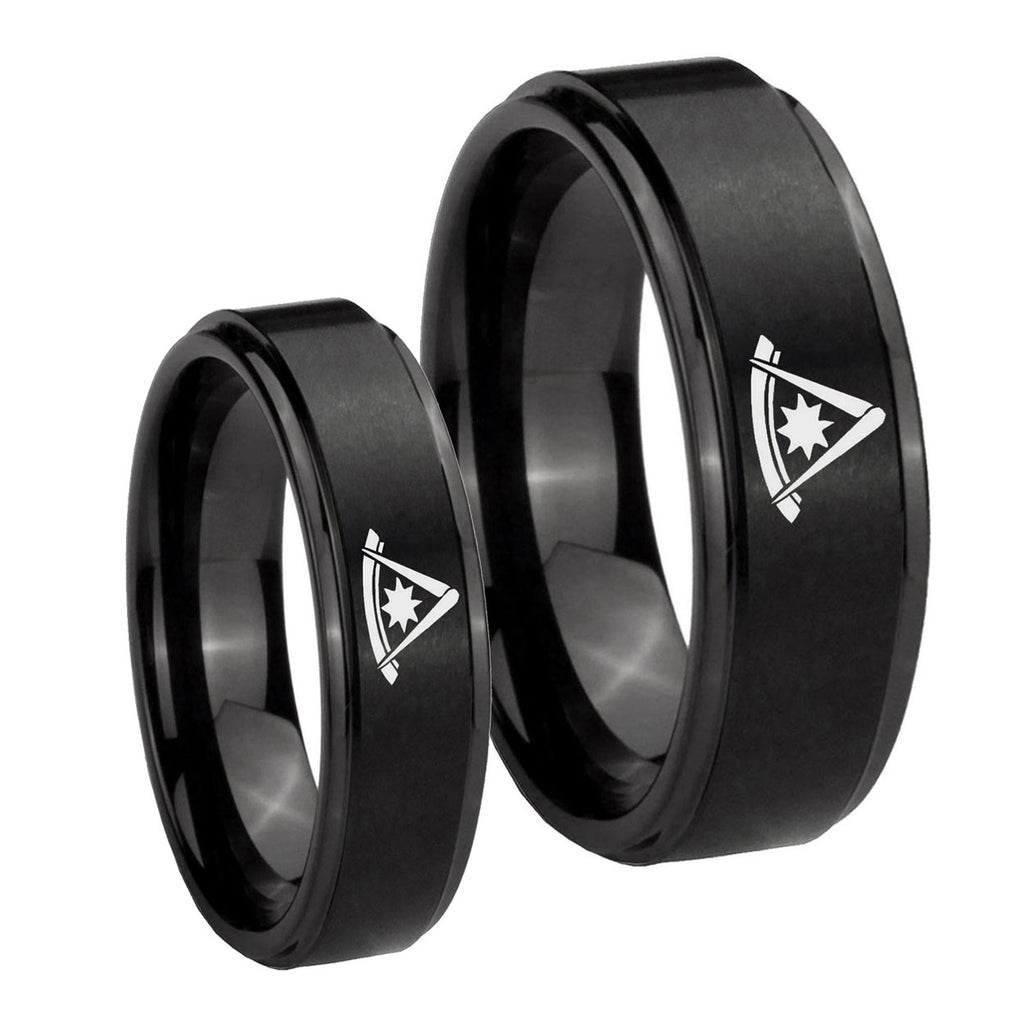 Pester Master Masonic Step Edges Brush Black Tungsten Engagement Ring Set
