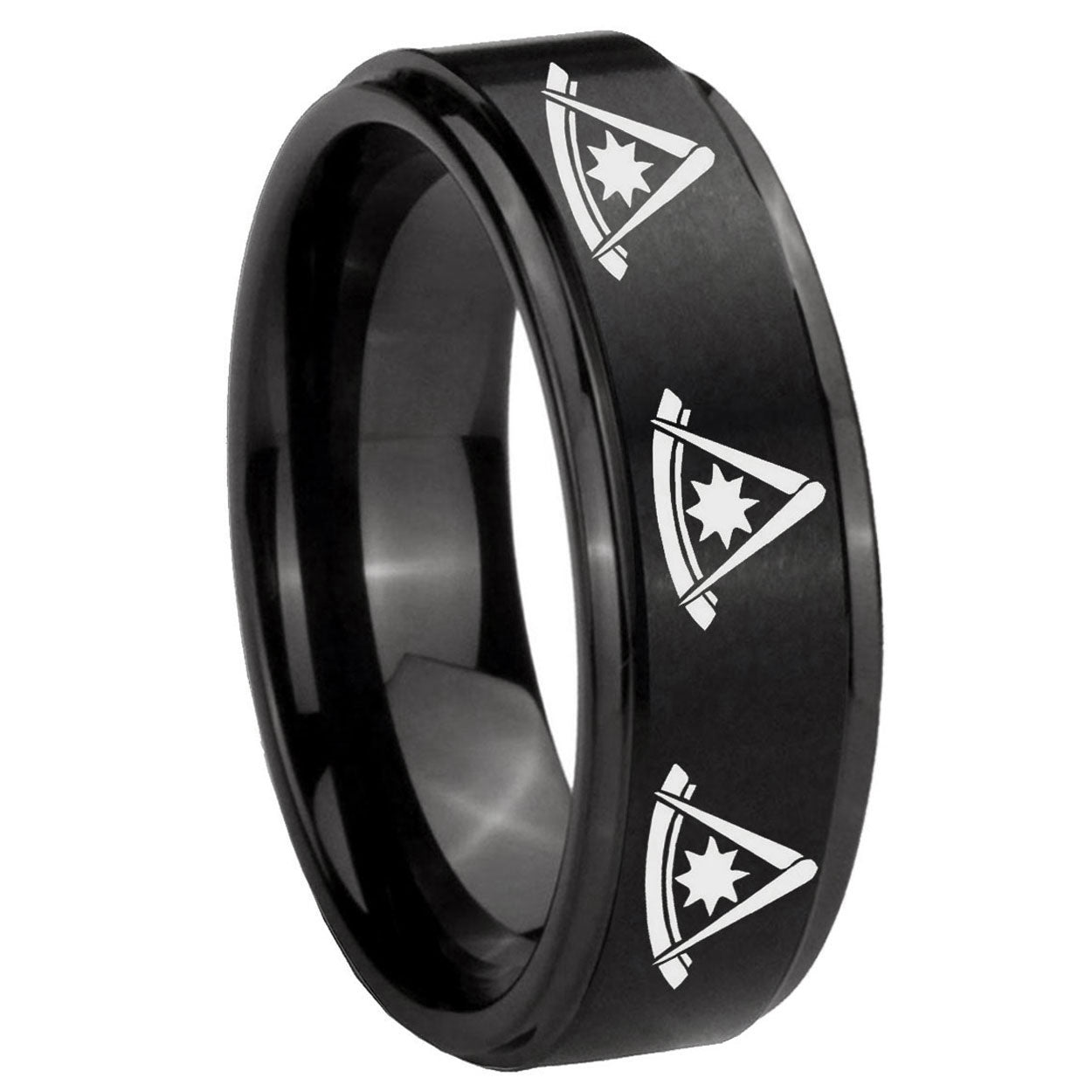 10mm Multiple Pester Master Masonic Step Edges Brush Black Tungsten Men's Ring