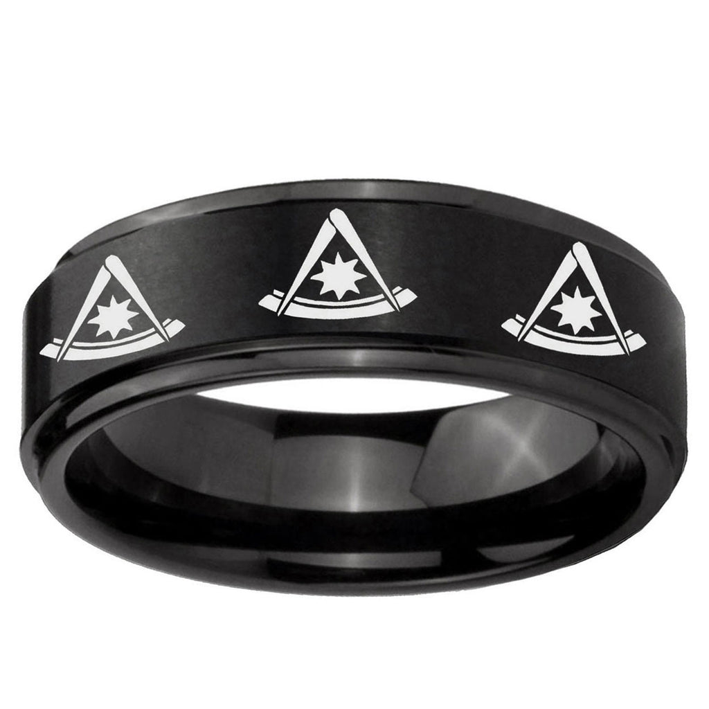 10mm Multiple Pester Master Masonic Step Edge Brush Black Tungsten Men's Ring