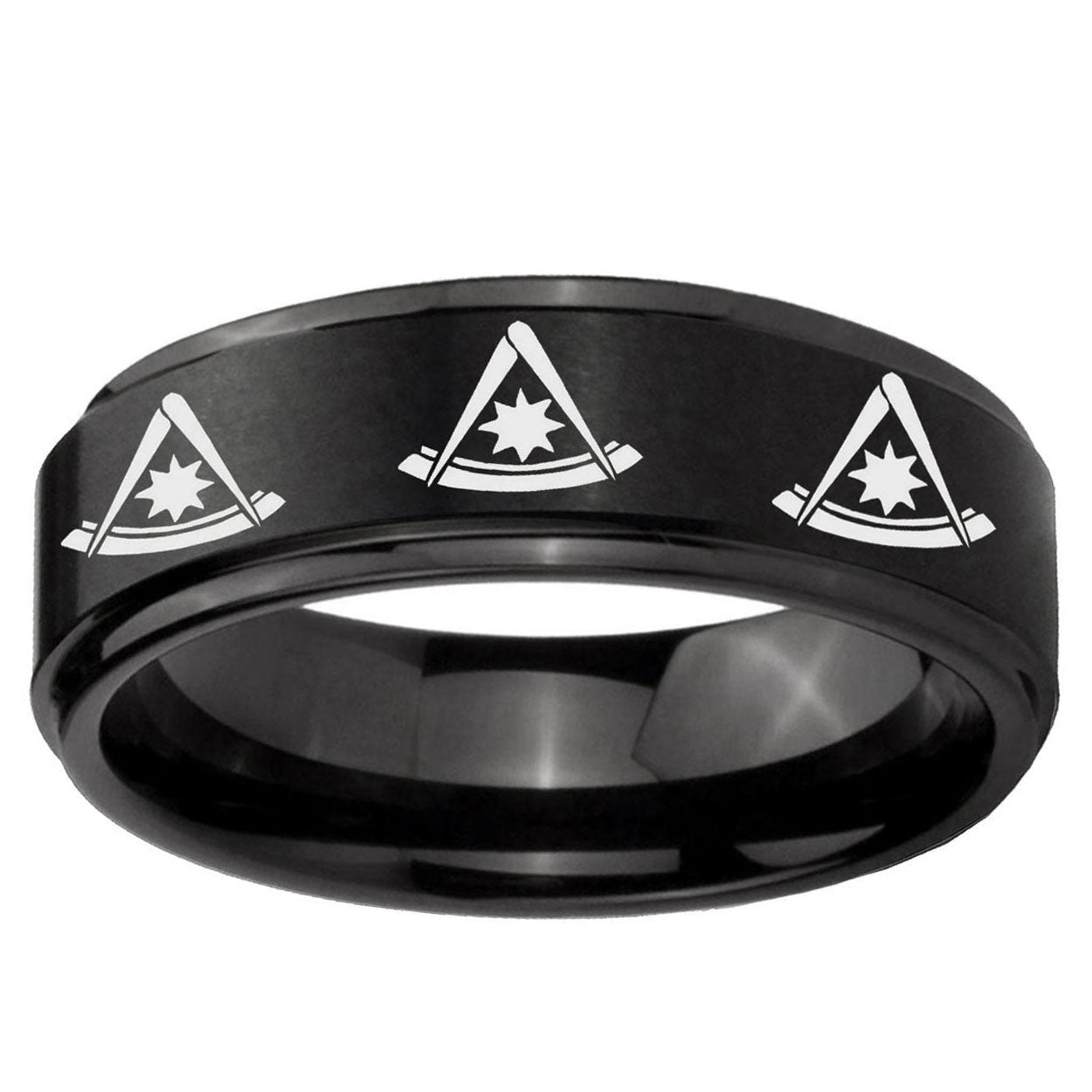 10mm Multiple Pester Master Masonic Step Edge Brush Black Tungsten Men's Ring