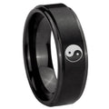 10mm Yin Yang Step Edges Brush Black Tungsten Carbide Anniversary Ring