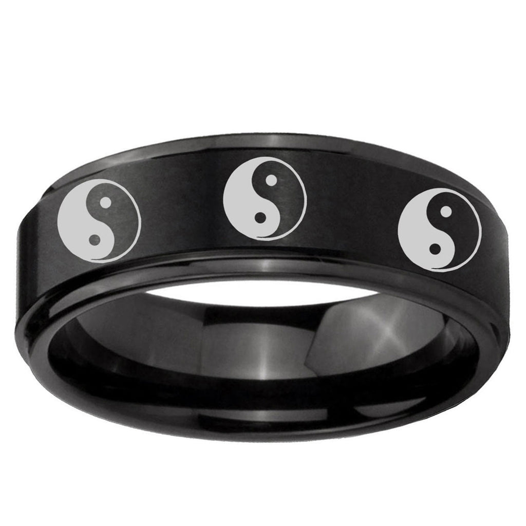 10mm Multiple Yin Yang Step Edge Brush Black Tungsten Ring