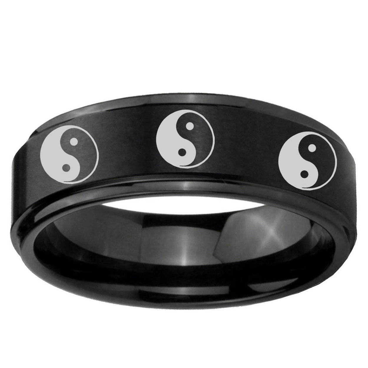10mm Multiple Yin Yang Step Edge Brush Black Tungsten Ring