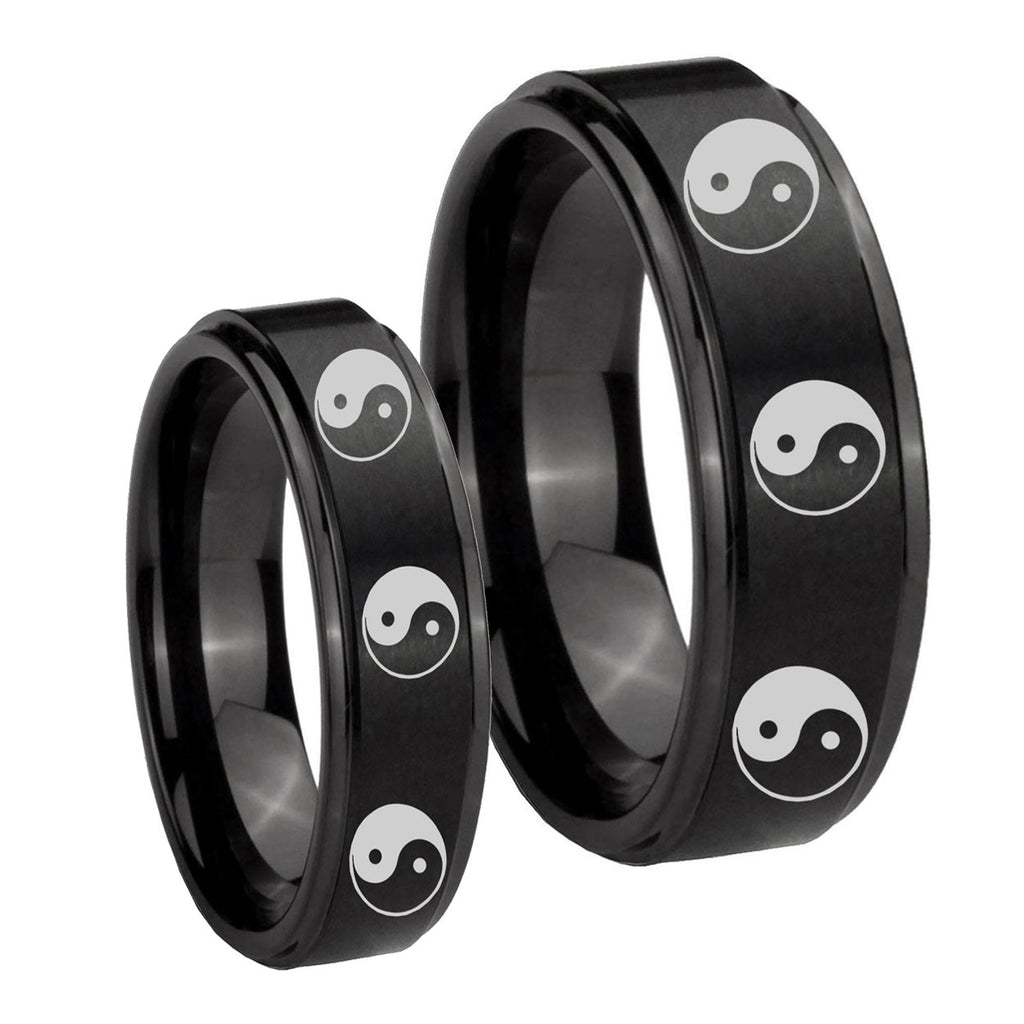 Multiple Yin Yang Step Edges Brush Black Tungsten His Hers Ring Set