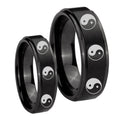 Multiple Yin Yang Step Edges Brush Black Tungsten His Hers Ring Set