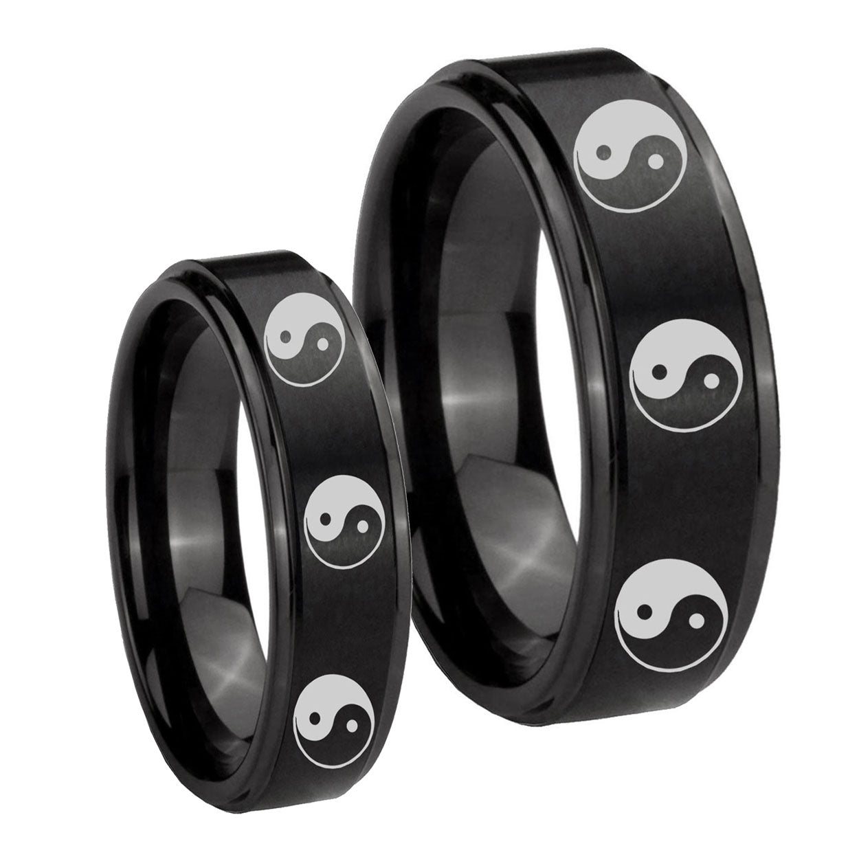 Multiple Yin Yang Step Edges Brush Black Tungsten His Hers Ring Set
