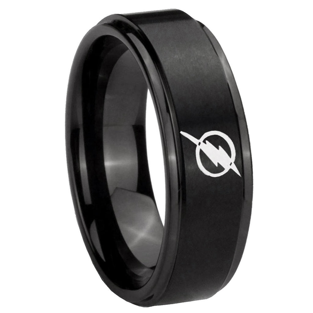 8mm Flash Step Edge Black Tungsten Wedding Band Engraving