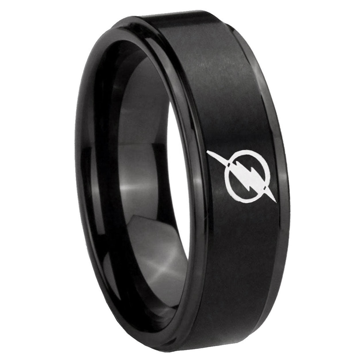 8mm Flash Step Edge Black Tungsten Wedding Band Engraving