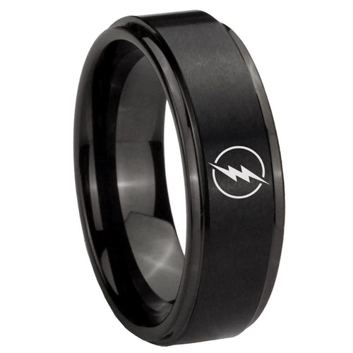 8mm Flash Step Edge Black Tungsten Wedding Band Engraving