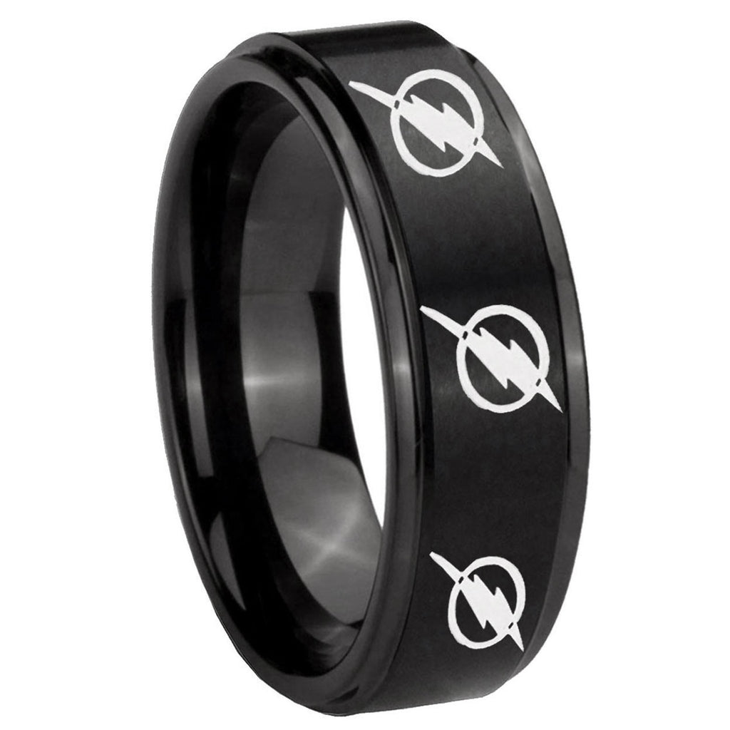 8mm Multiple Flash Step Edge Black Mens Wide Wedding Bands