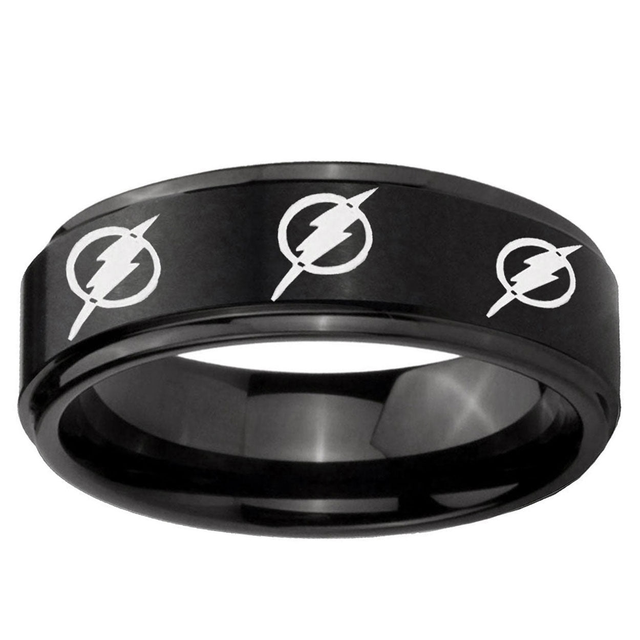 5mm Multiple Flash Step Edge Black Mens Wide Wedding Bands