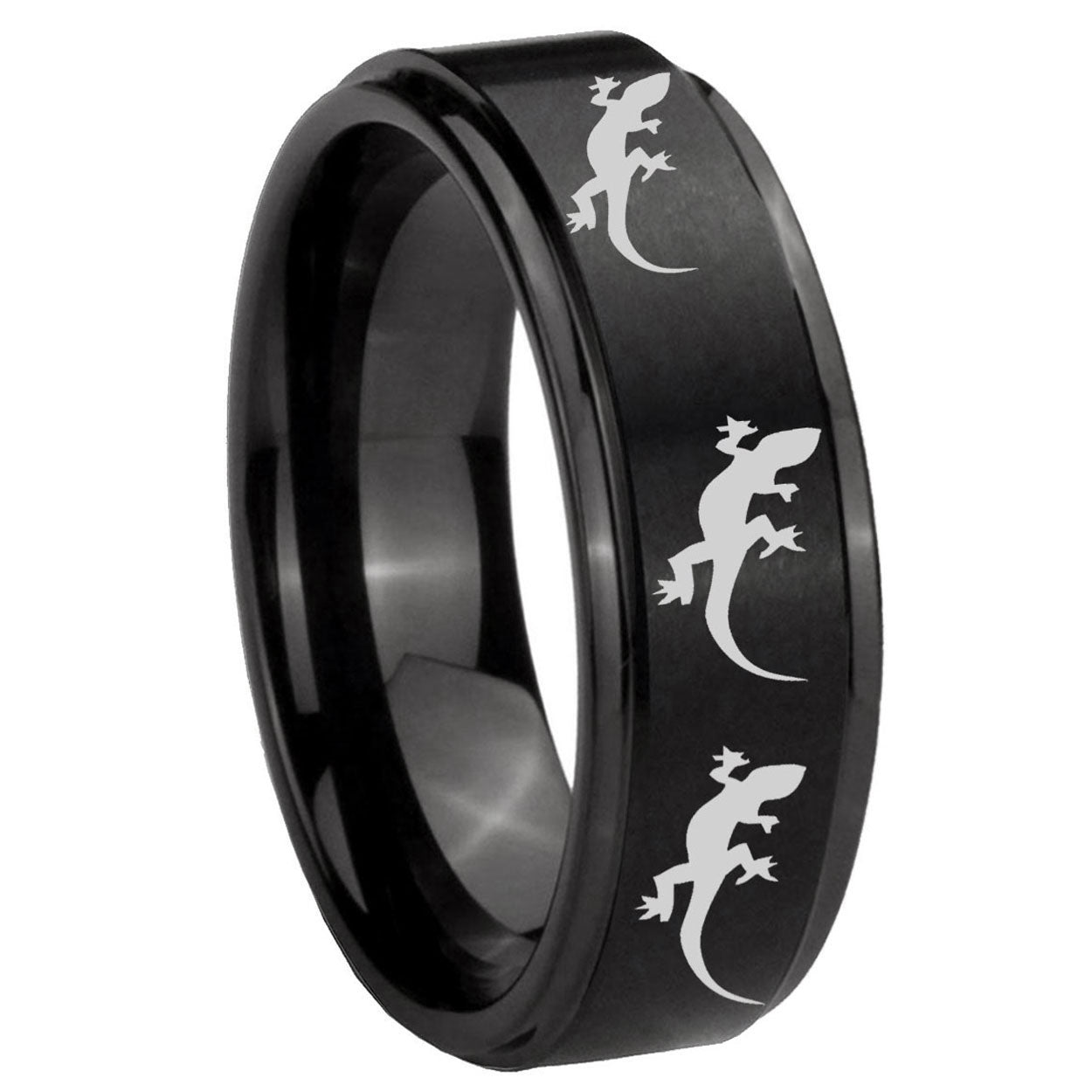 10mm Multiple Lizard Step Edges Brush Black Tungsten Custom Ring for Men
