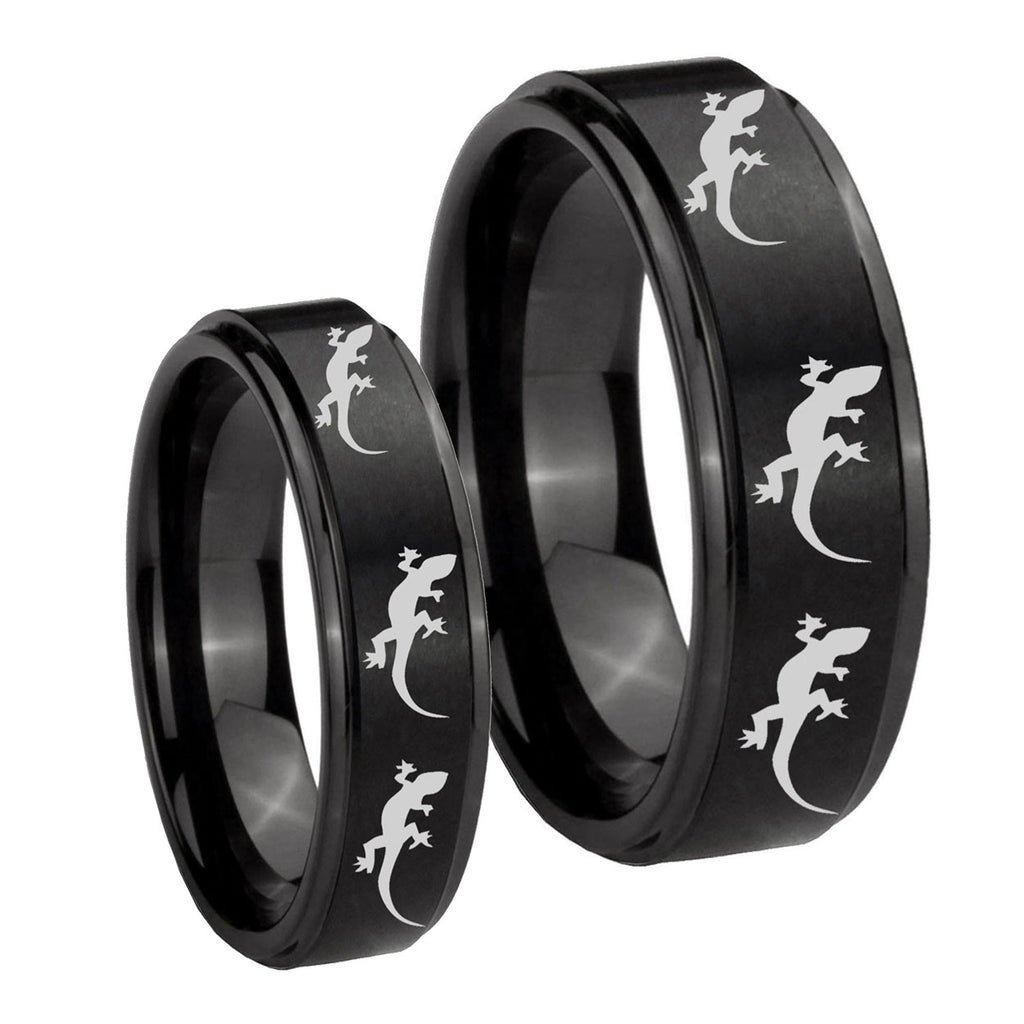 Multiple Lizard Step Edges Brush Black Tungsten Matching Ring Set