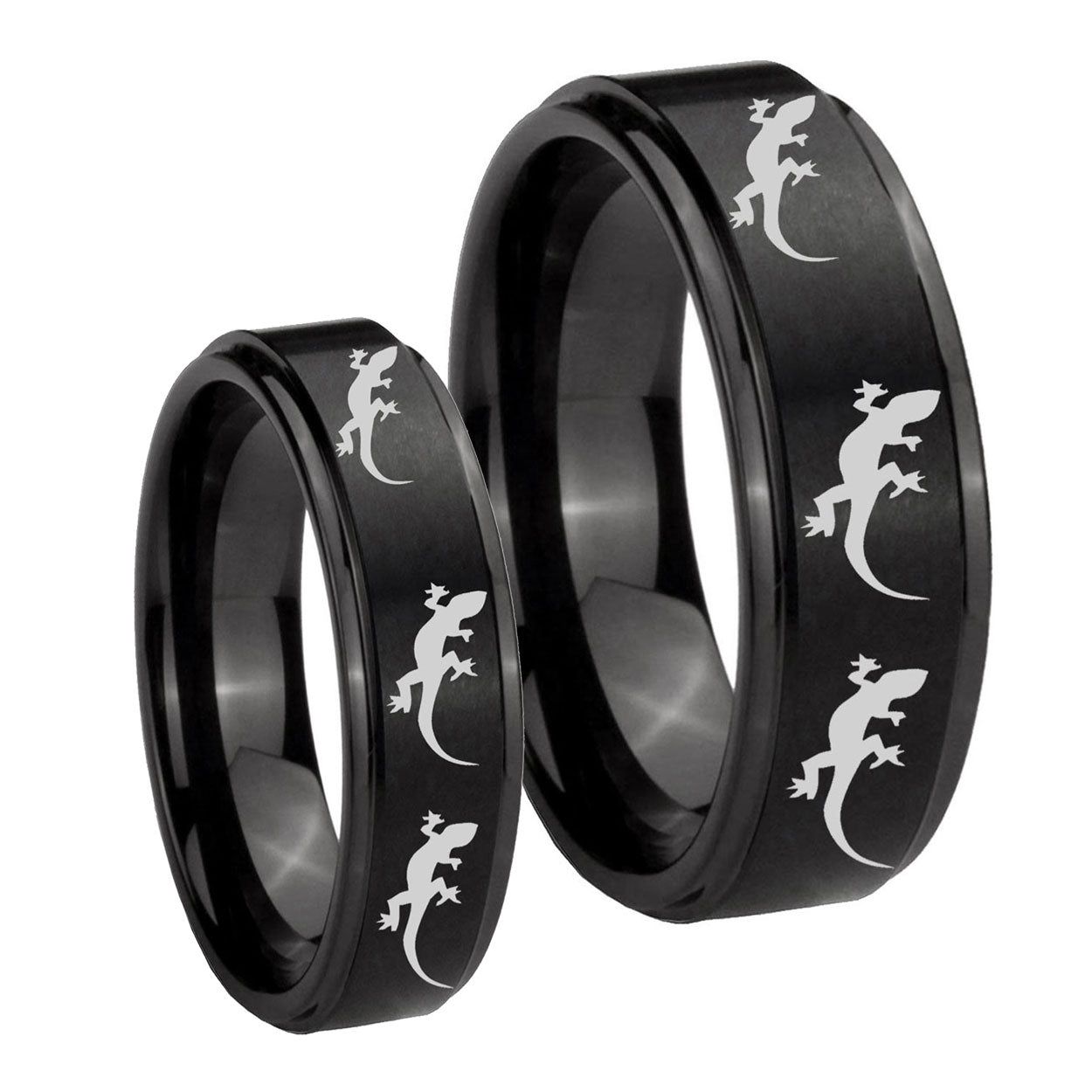 Multiple Lizard Step Edges Brush Black Tungsten Matching Ring Set
