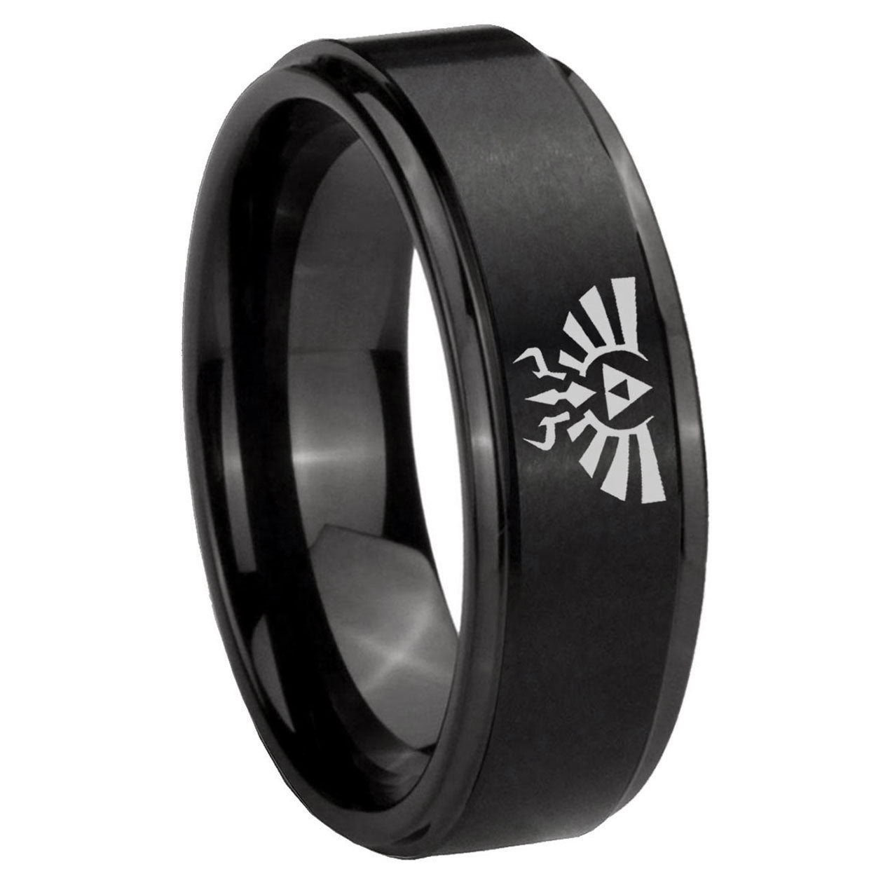 8mm Zelda Skyward Sword Step Edges Brush Black Tungsten Ring