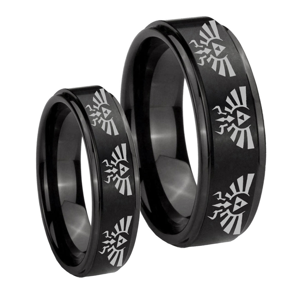 Multiple Zelda Skyward Sword Step Edges Brush Black Tungsten Wedding Set Rings