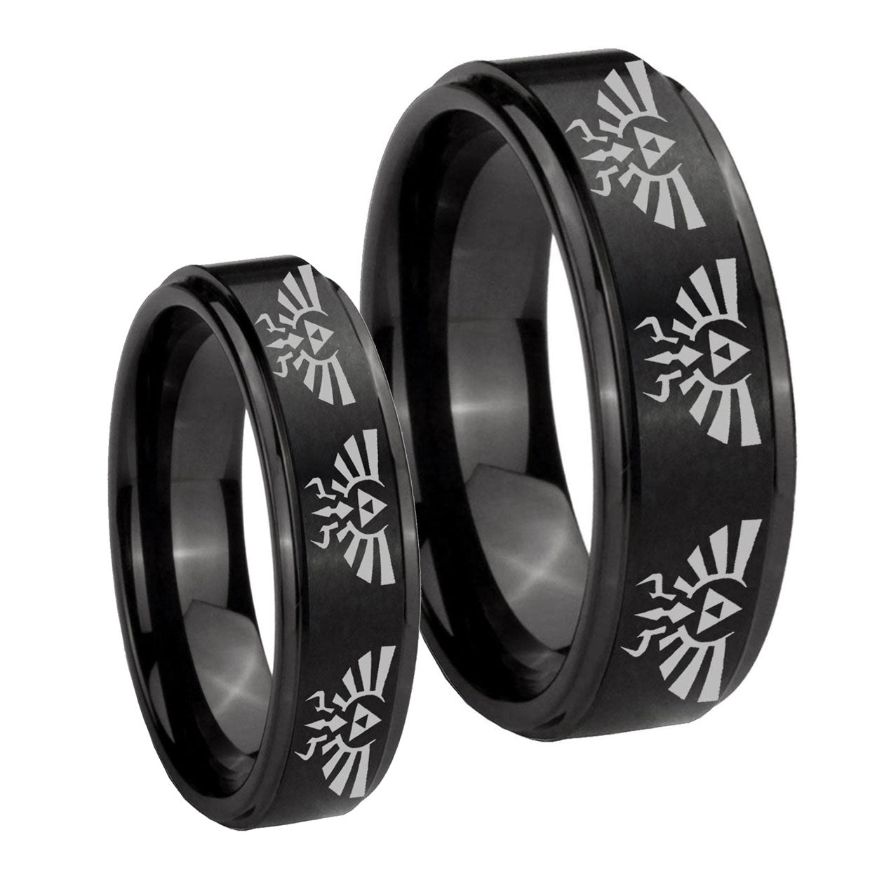 Multiple Zelda Skyward Sword Step Edges Brush Black Tungsten Wedding Set Rings