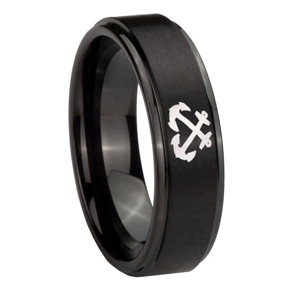 8mm-Anchor-Step-Edges-Brush-Black-Tungsten-Carbide-Wedding-Band-Ring