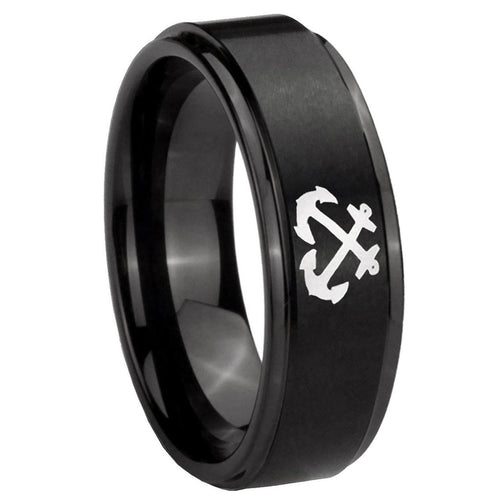 10mm Anchor Step Edges Brush Black Tungsten Carbide Engagement Ring