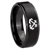 8mm Anchor Step Edges Brush Black Tungsten Carbide Wedding Band Ring