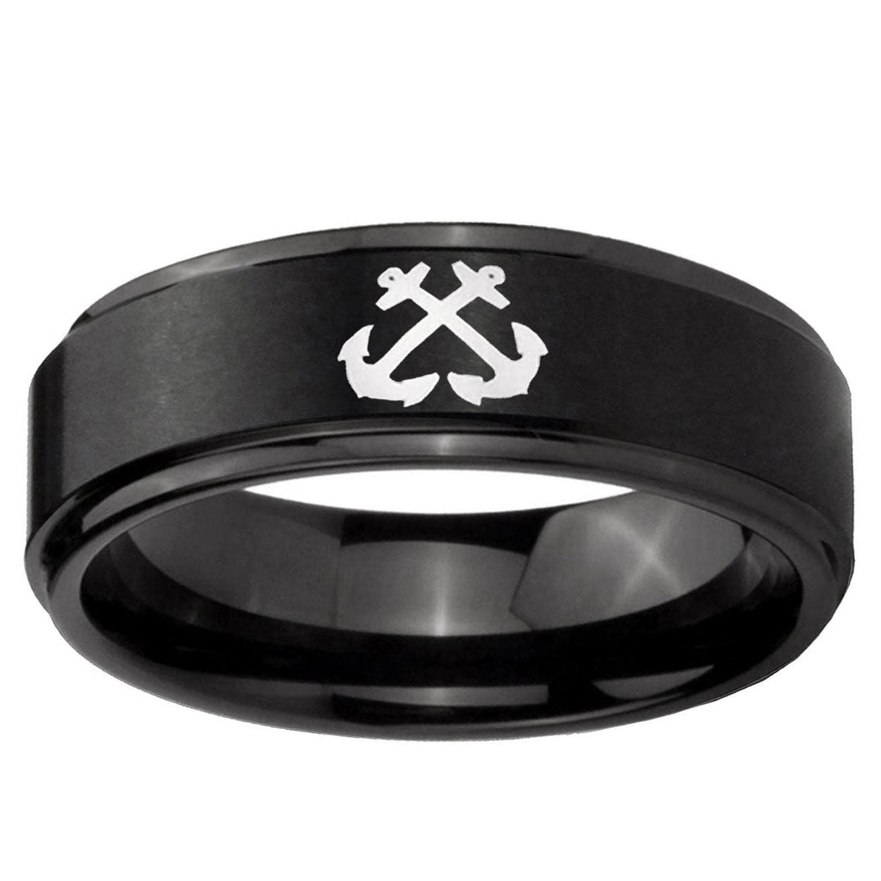 10mm Anchor Step Edge Brush Black Tungsten Ring