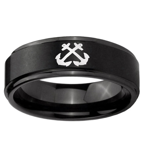 10mm Anchor Step Edge Brush Black Tungsten Ring