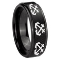 10mm Multiple Anchor Step Edges Brush Black Tungsten Carbide Engraved Ring