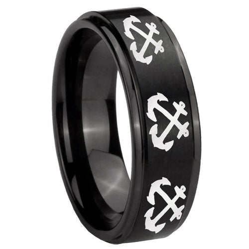 10mm Multiple Anchor Step Edges Brush Black Tungsten Carbide Engraved Ring