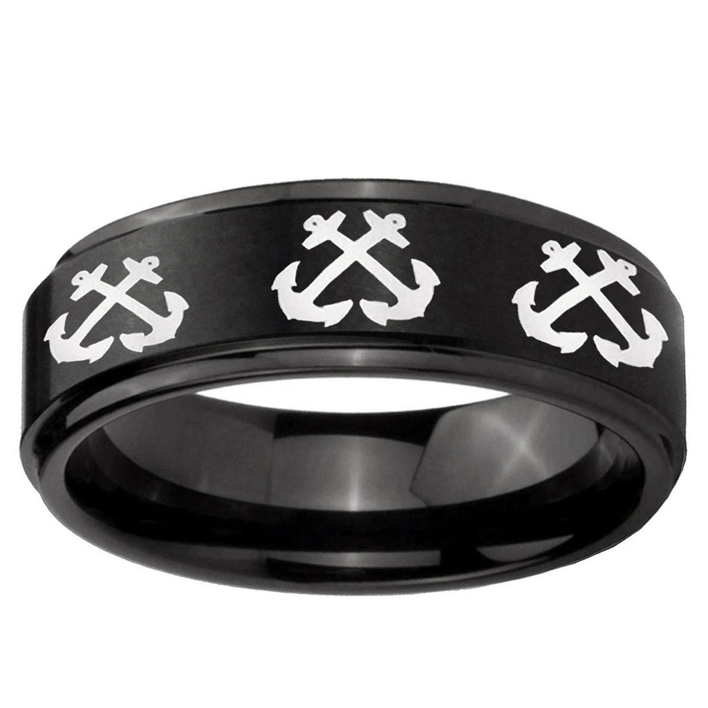 10mm Multiple Anchor Step Edge Brush Black Tungsten Ring