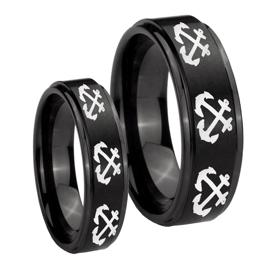 Multiple Anchor Step Edges Brush Black Tungsten Bridal Ring Sets