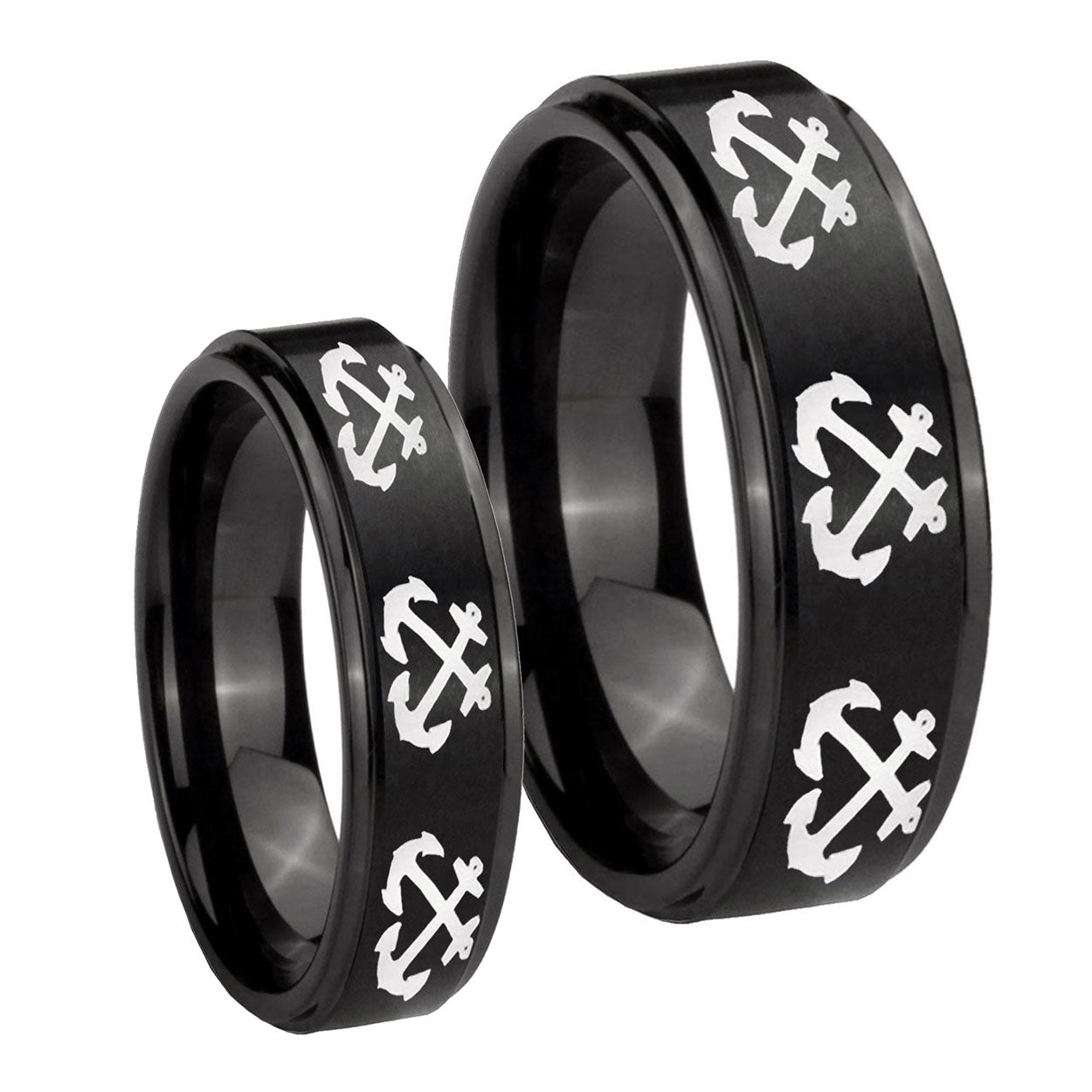 Multiple Anchor Step Edges Brush Black Tungsten Bridal Ring Sets