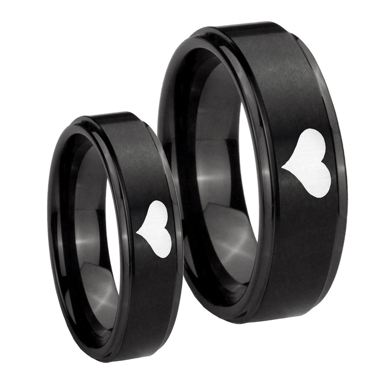 Heart Step Edges Brush Black Tungsten Mens Set Rings