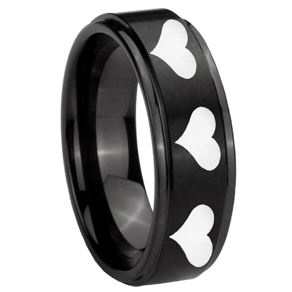 10mm Multiple Heart Step Edges Brush Black Tungsten Carbide Mens Promise Ring